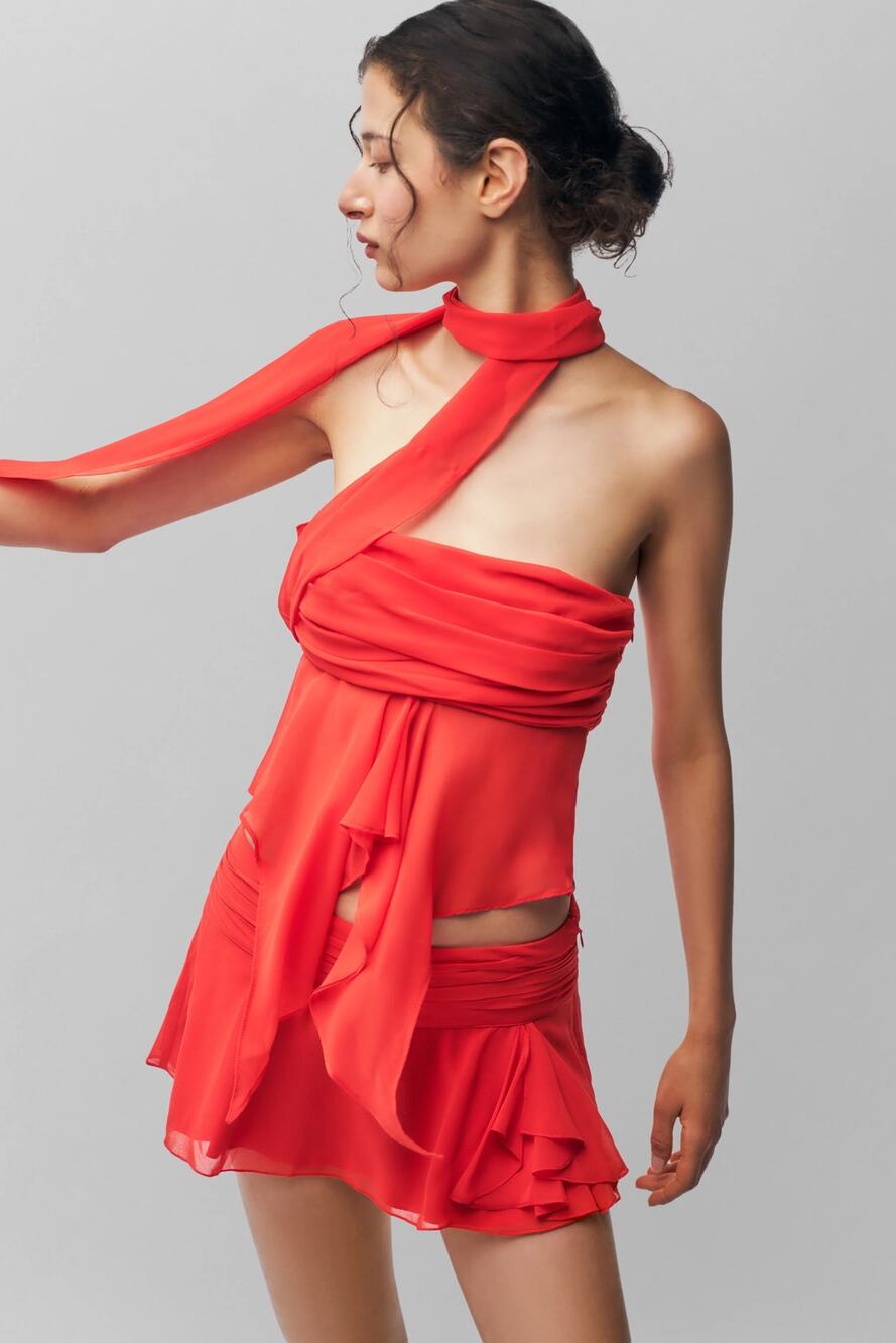 NEW Danielle Guizio Red Poppy Chiffon Wrap Around Ruffle Drape Crop Top Size XS